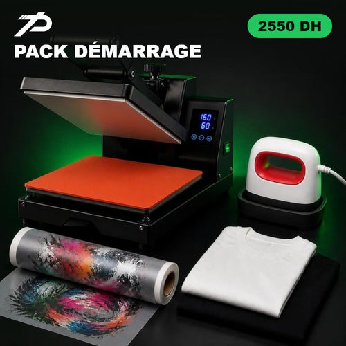 Pack démarrage Tarik Print : presse 40x40, mini presse, DTF et 2 t-shirts – 2550 DH